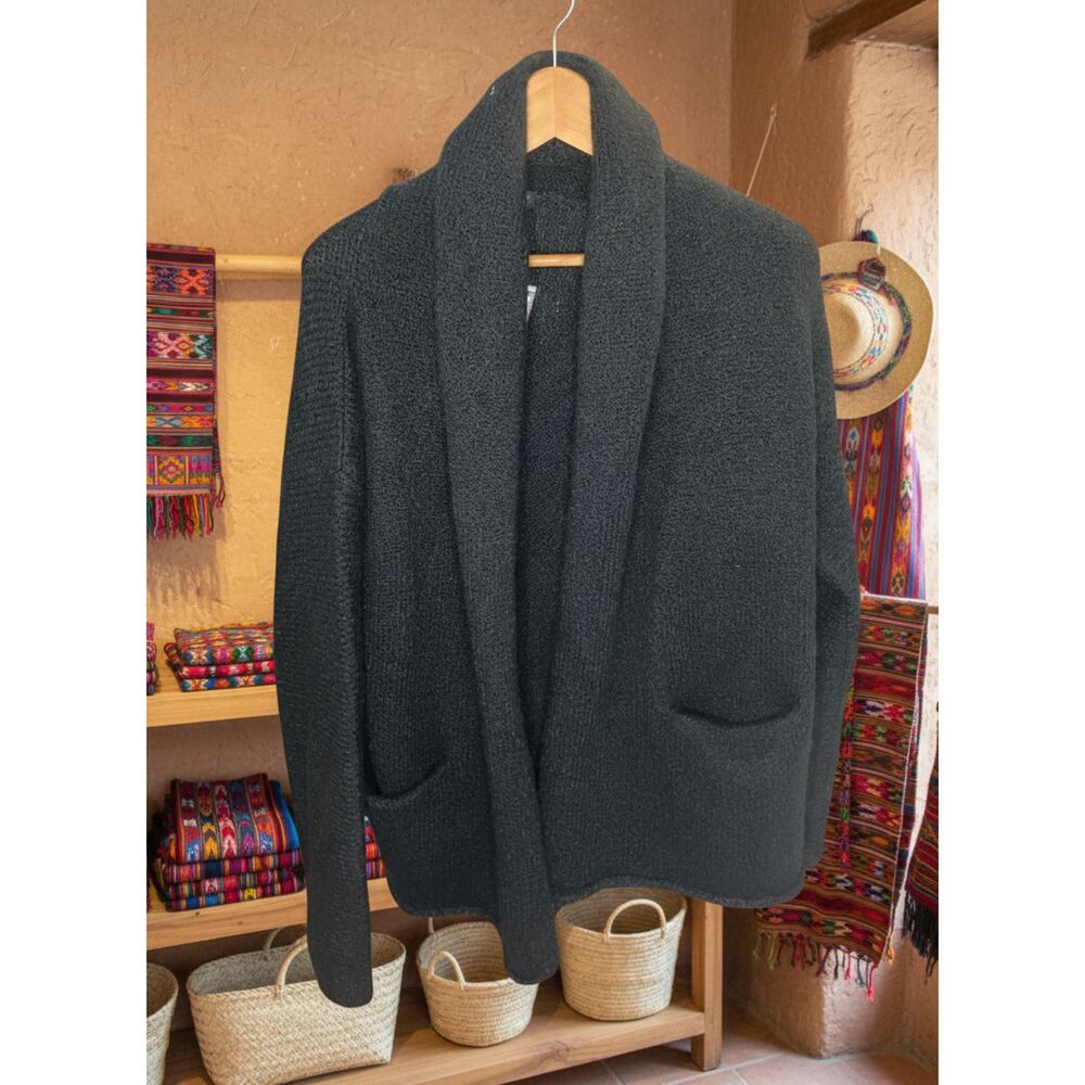 Peruvian Connection Black Bouclé Shawl Collar Cardigan Coat Size L NWT